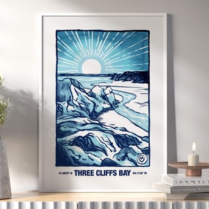 Three Cliffs Bay, Gower, Art Print, illustratie, cadeau voor thuis, A3, A4, A5