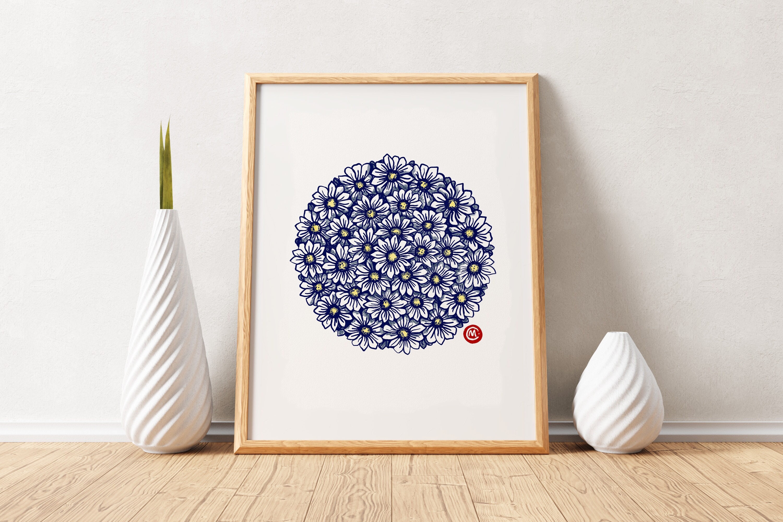 Daisy Ball Art Print Poster Illustration | Minimalistic Design | Blue Ink | Home Wall Decor | Floral Drawing | A3 A4 A5 Plus square sizes.