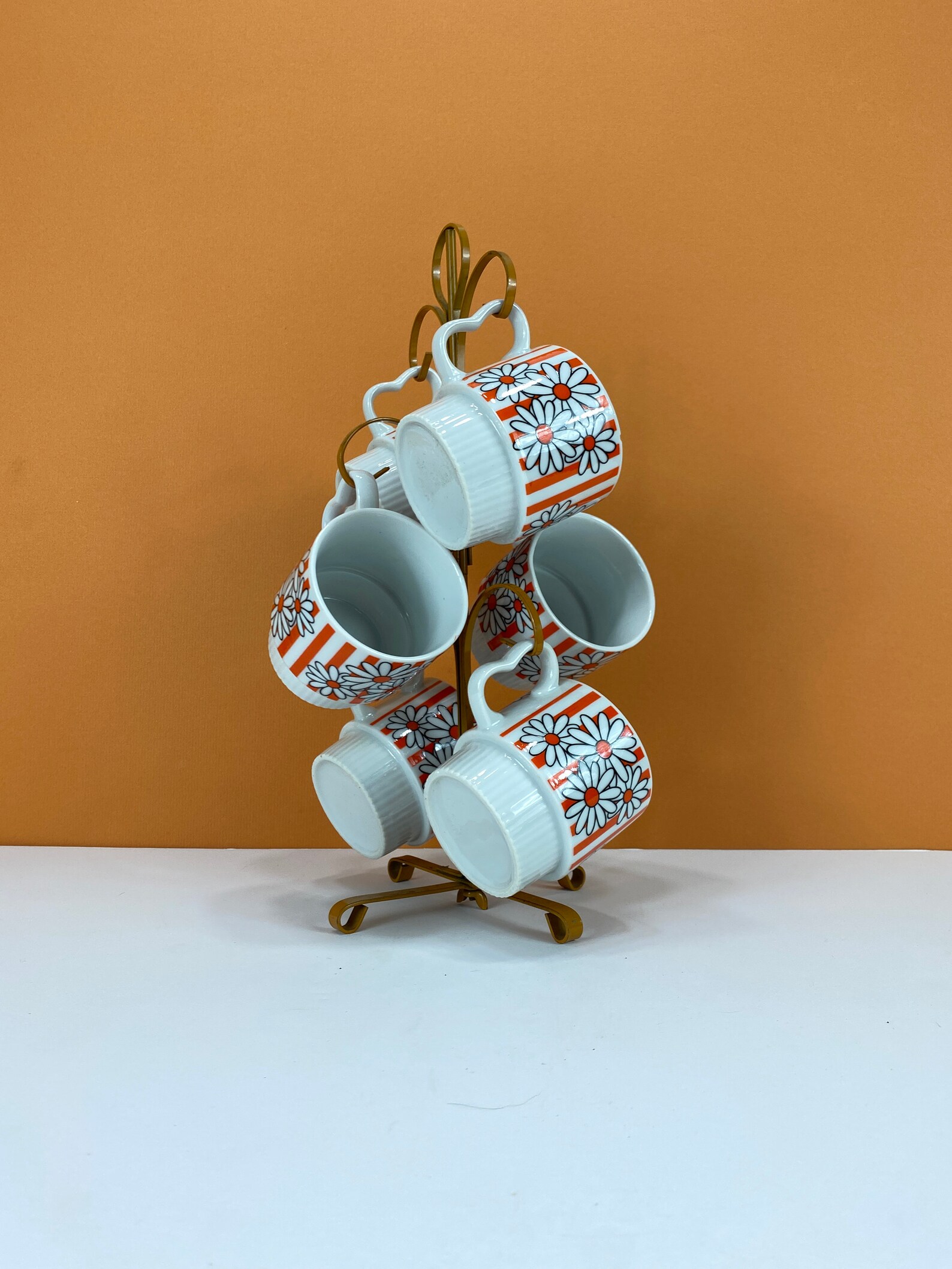 Vintage Daisy Pattern Stacking Coffee Mugs and Stand Set of 6 Etsy