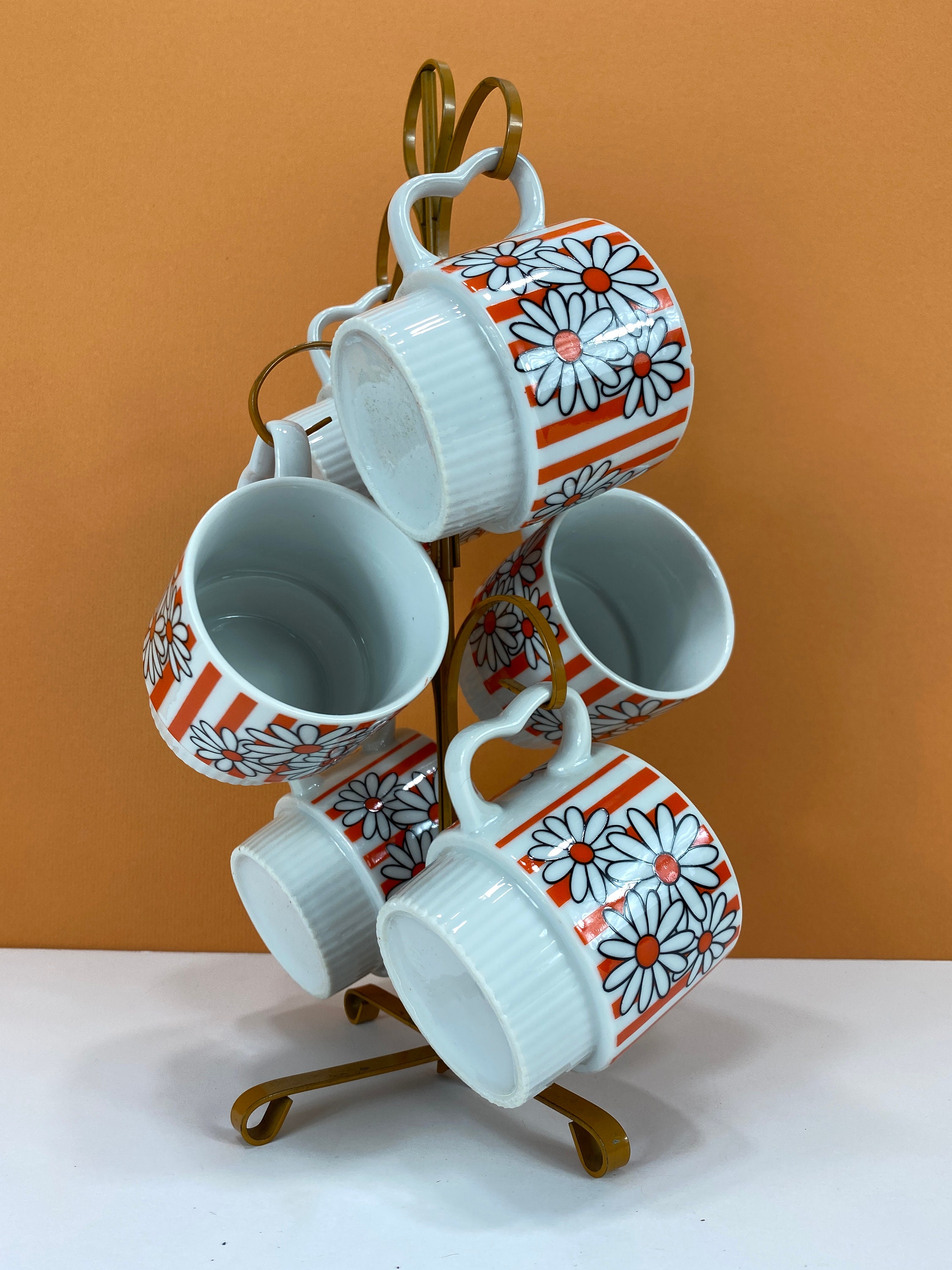 Vintage Daisy Pattern Stacking Coffee Mugs and Stand Set of 6 Etsy