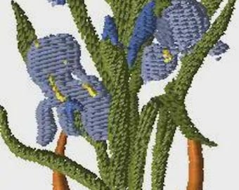 Irisborduurontwerp, irissen in een vaas, borduurwerk, machineborduurwerk, bloem, bloemen, bloemen, bloemen, irissen, vaas, blauwe bloemen