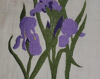 Diseño de bordado de iris, flores, florales, bordado a máquina, diseños de bordado, morado, de temporada, primavera, costura, flores moradas, iris morado