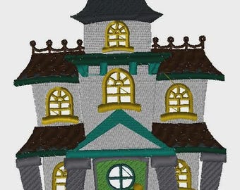 Borduurontwerp spookhuis, machineborduurwerk spookhuis, Halloween, spookhuis, spookhuis, eng, vakantie, grillig, borduurwerk