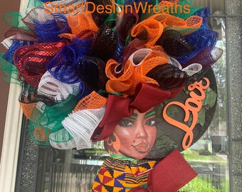 Silhouette Wreath,Wreath,Front Door Wreath,Love,Afro Centric,Black History,African,Juneteenth,Home Decor,Wall Decor,Houewarming,Kente