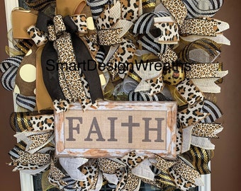 LeopardWreath,Cheetah Wreath,Everyday Wreath Front Door Wreath,Faith Wreath,Faith Sign,Leopard Ribbon,Cross Wreath