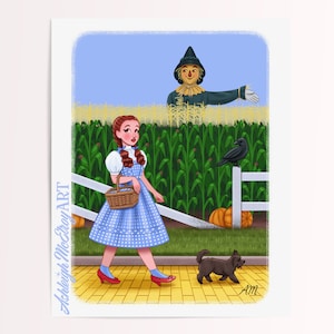 Dorothy Meets Scarecrow - Wizard of Oz Illustration Art Print - Classic Movie Musical Fanart - If I Only Had a Brain