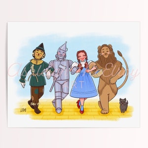 May include: A colorful illustration of the characters from the Wizard of Oz, including Dorothy, the Scarecrow, the Tin Man, and the Cowardly Lion, walking down the yellow brick road.  The characters are all smiling and appear to be happy.  A small black dog is walking behind them.