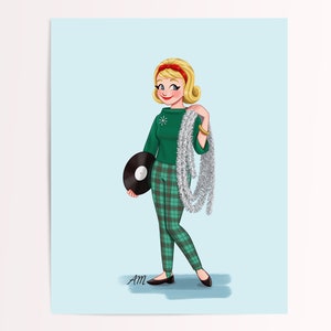 December Mid-Century Calendar Gal Illustration Art Print - Retro Christmas - Vintage 1960s Winter Fashion - Record