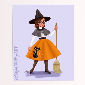October Mid-Century Calendar Gal - Illustration Art Print - Retro 1950s Vintage Fashion - Halloween Witch Costume - Atomic Black Cat - Fall