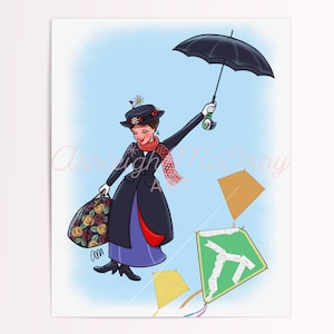 Mary Poppins Illustration Art Print - Mary Poppins Collection - Disney Classic Movie Musical Fanart - Let’s Go Fly a Kite - Julie Andrews