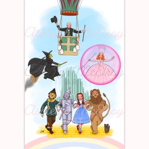 May include: A colorful illustration of characters from the Wizard of Oz. Dorothy, the Scarecrow, the Tin Man, and the Cowardly Lion walk down the yellow brick road. The Wicked Witch of the West flies on a broomstick, and Glinda the Good Witch is in a pink bubble. The Wizard is in a hot air balloon.
