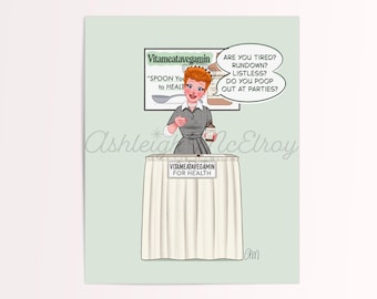 Lucy Ricardo Art Print: Hand-Drawn 1950s Vitameatavegamin Illustration