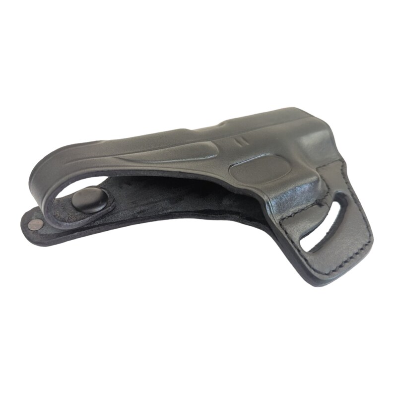 May include: A black leather holster with a molded design. The holster features a belt loop with a snap closure and a cutout for a firearm. The overall design is sleek and functional, suitable for concealed carry.