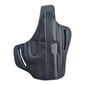 May include: Black leather holster with molded details for a firearm. The holster features a belt loop and a contoured design for secure carry. The stitching is visible along the edges, and the overall design is sleek and functional.