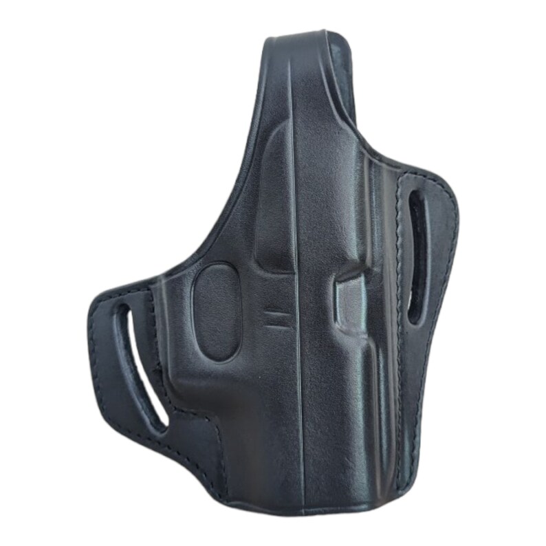 May include: Black leather holster with molded details for a firearm. The holster features a belt loop and a contoured design for secure carry. The stitching is visible along the edges, and the overall design is sleek and functional.
