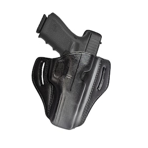 May include: Black leather holster for a handgun. The holster has a belt loop and a snap closure.