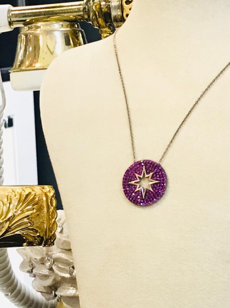 Sterling Silver Pole Star Silver Necklace/_North Star/_Fushia Zircon