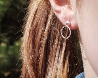 Tiny ear studs with small hoop dangle in real sterling silver, simple women's earrings