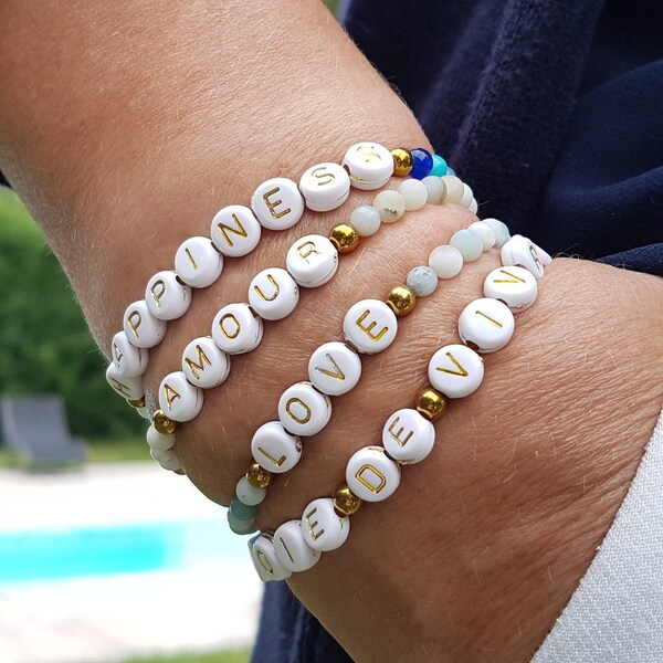 Bracelets Love, happiness, Amour, Joie de vivre, bracelet de perles de mots personnalisés