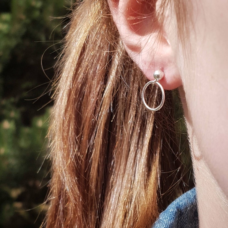 Tiny ear studs with small hoop dangle in real sterling silver, simple women's earrings image 1