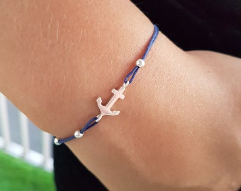 Boat anchor bracelet and beads in silver, thin cord, unisex