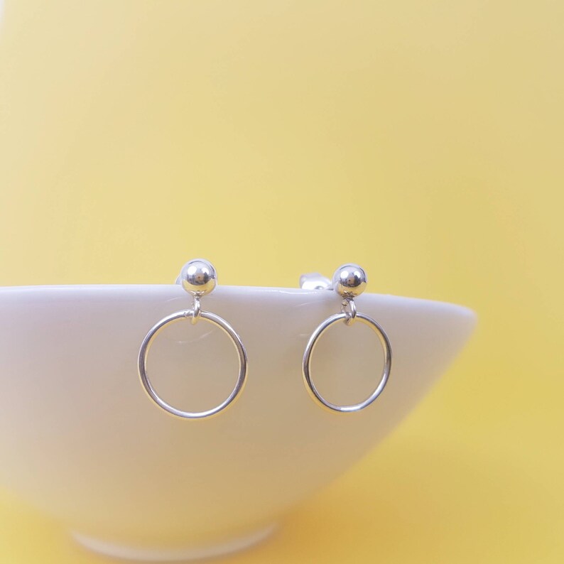 Tiny ear studs with small hoop dangle in real sterling silver, simple women's earrings image 3