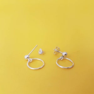 Tiny ear studs with small hoop dangle in real sterling silver, simple women's earrings image 4