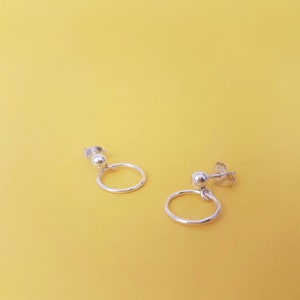 Tiny ear studs with small hoop dangle in real sterling silver, simple women's earrings image 5