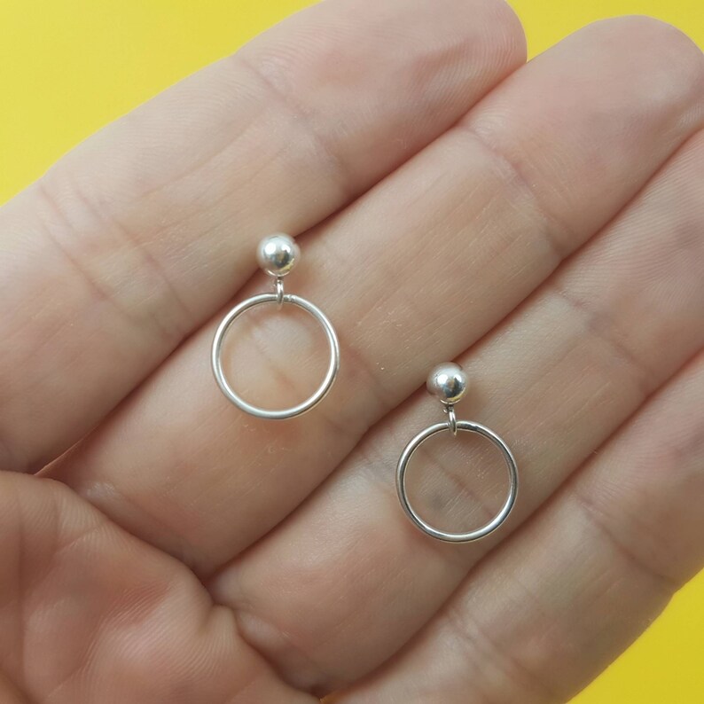 Tiny ear studs with small hoop dangle in real sterling silver, simple women's earrings image 6