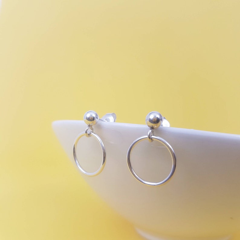 Tiny ear studs with small hoop dangle in real sterling silver, simple women's earrings image 2