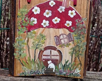 un CHAMPIGNON fleuri, un petit CHAT, peints sur bois
