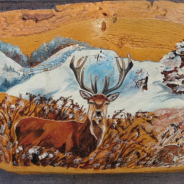 peinture animalière : CERF peint sur BOIS