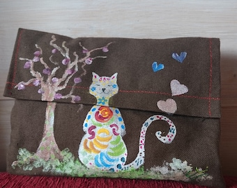 pochette tissu marron : joli CHAT décoré.....;