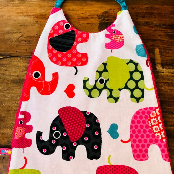 Elasticated sponge and cotton bib with "multicolored elephants" motifs