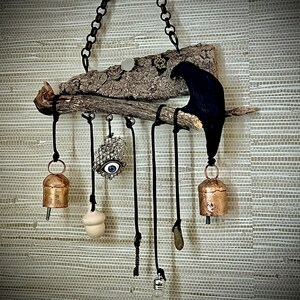 Witch Bells Home Protection Door Hanger with Black Raven, Hag Stone, Blue Moon Water, Acorn, Evil Eye, Key, Aged Wood