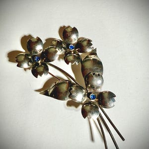 Vintage 1950s Sterling Silver Floral Brooch with Blue Stones