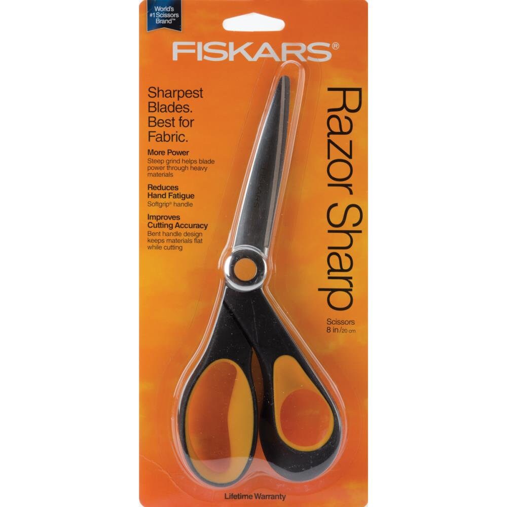Fiskars RazorEdge SoftGrip Fabric Scissors - 8 Blade Scissors Heavy Duty  with Ergonomic Handle and Bent Blade - Black/Orange