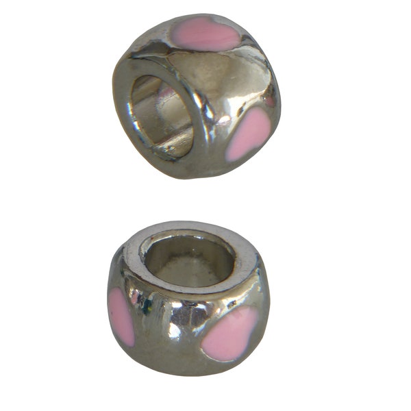 Sachet de 2 perles charms rondelle donut métal argenté coeur rose