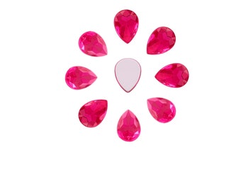 Bag of 20 beads cabochons rhinestones faceted drop to glue acrylic color pink fuschia 14x10x3,5mm