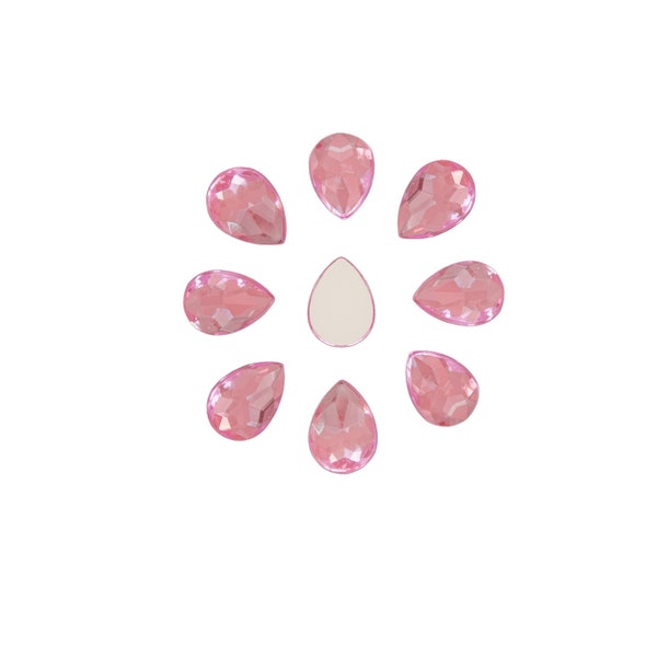 Sachet de 20 perles cabochons strass goutte à facettes à coller acrylique couleur rose clair 14x10x3,5mm
