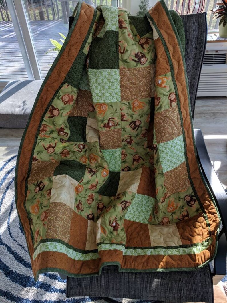 green and brown baby quilt jungle quilt Monkey baby quilt