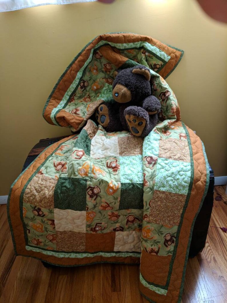 green and brown baby quilt jungle quilt Monkey baby quilt