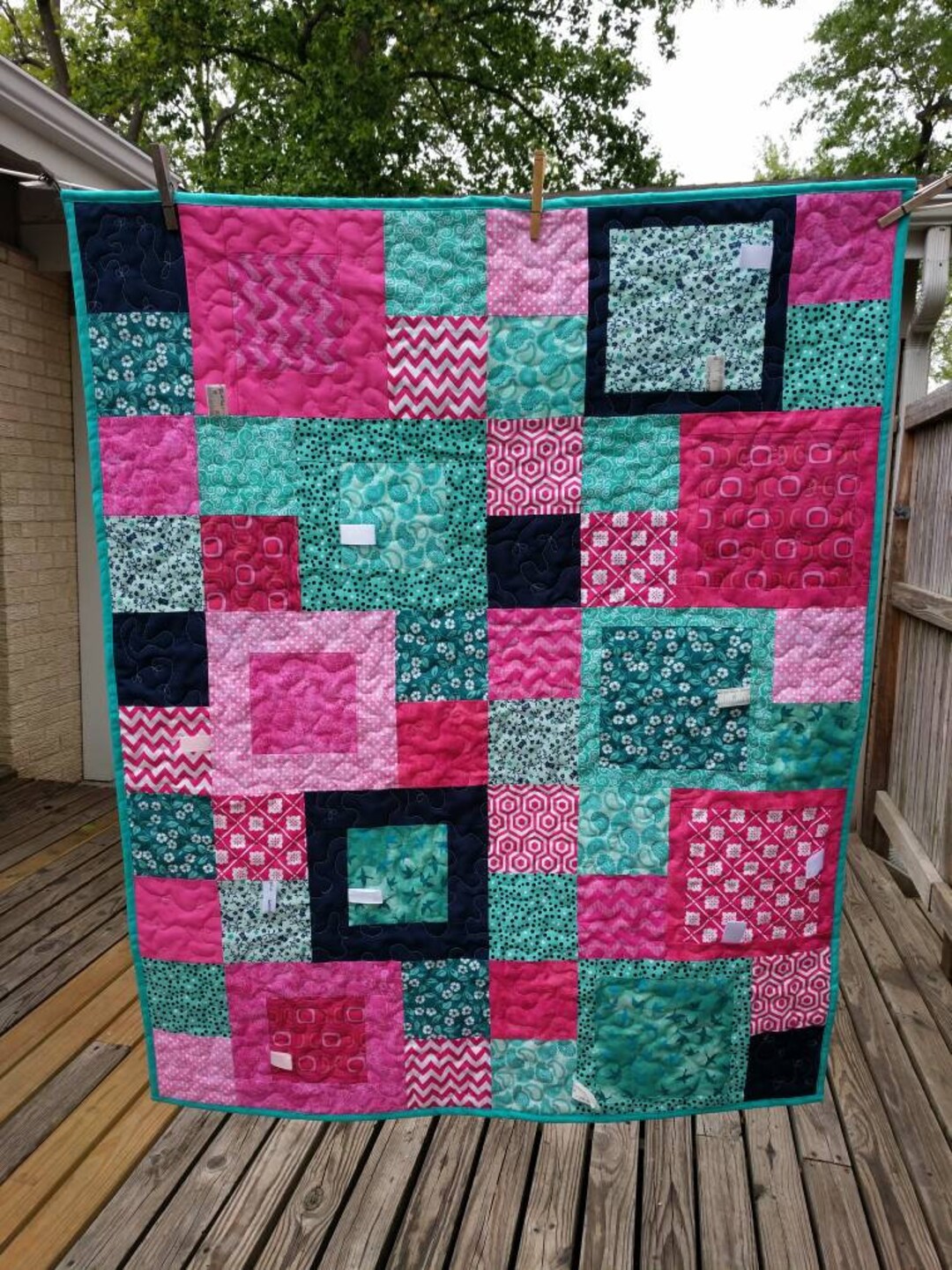 Pink and Teal Handmade Baby Quilt With Tags, Dramatic Pinks and Dark