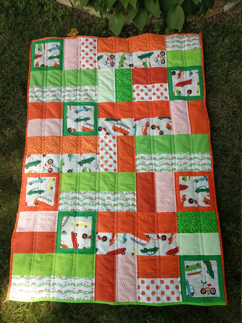 Car Baby Quilt, Handmade Baby Quilt With Cars and Trucks, Orange and