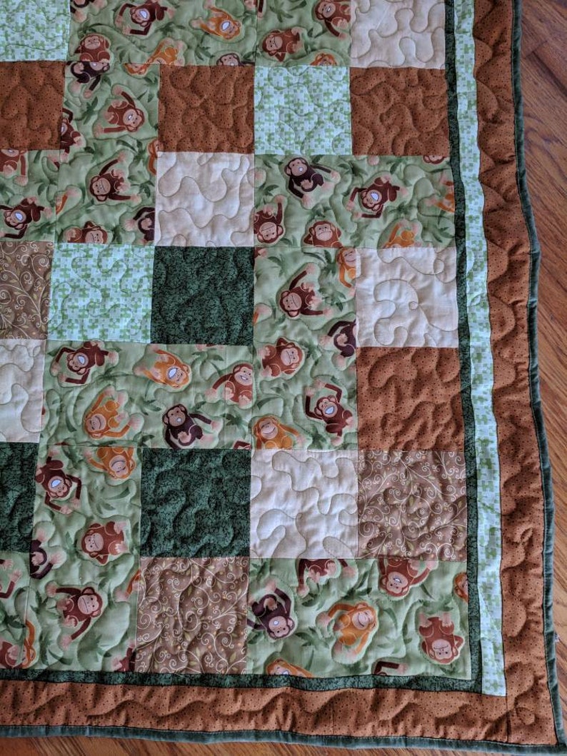 green and brown baby quilt jungle quilt Monkey baby quilt