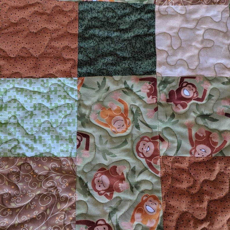 green and brown baby quilt jungle quilt Monkey baby quilt