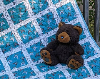 Barnyard baby quilt, chicken baby quilt, handmade teal and white baby quilt, boy quilt