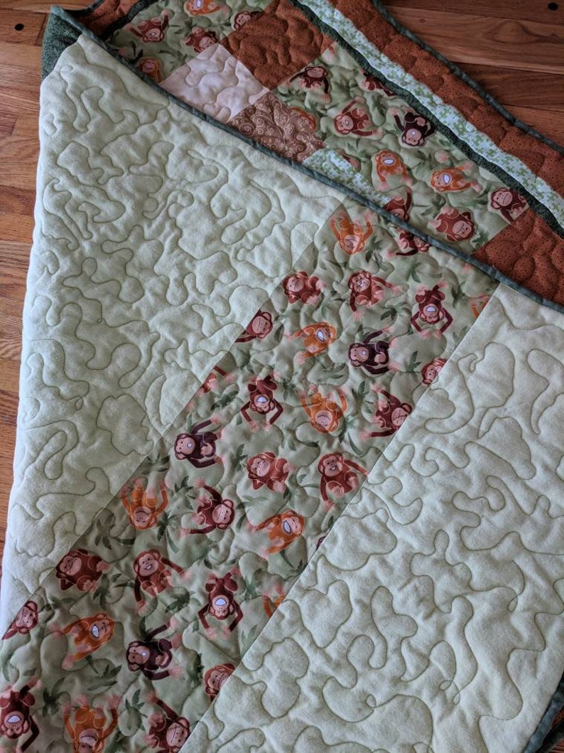 green and brown baby quilt jungle quilt Monkey baby quilt