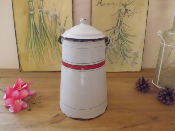 Vintage enamelled milk jar with white and Red lid-enamelled pot-country decoration-vintage decoration-Shabby Chic-