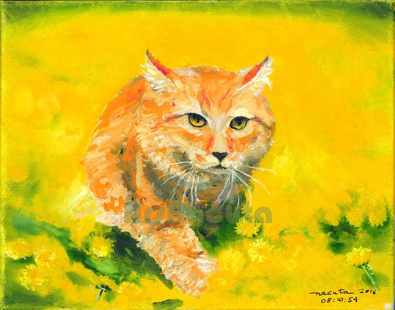 May include: An oil painting of a ginger cat in a field of yellow flowers. The cat has green eyes and white whiskers. The painting is signed and dated.